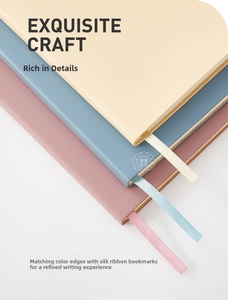 Close-up of A6 mini pocket notebooks with textured covers and matching ribbon bookmarks