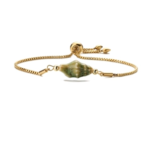 Golden stretch bracelet with a green-brown shell charm in bohemian style on white background