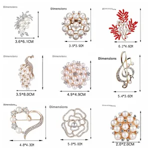 Detailed chart showing sizes for pearl and rhinestone brooches in flower and swan shapes