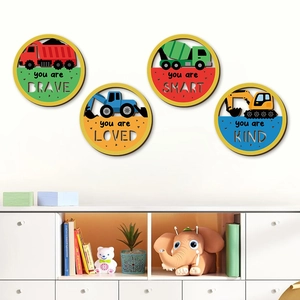 Lot de décorations murales en bois véhicules de chantier pour chambre d'enfant colorée