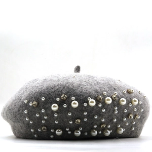 Women's dark gray wool beret hat with elegant pearl and rhinestone embellishments