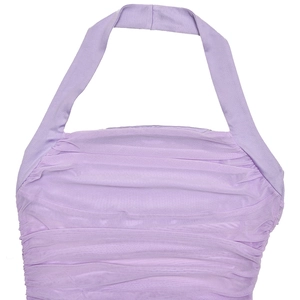 Detail of purple halter neck dress featuring mesh fabric and textured pleats