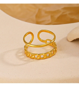 Detailed close-up of double-layer gold chain ring with minimalist open band texture