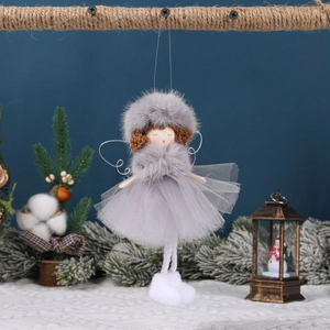 Grey Christmas angel ornament with faux fur skirt and gauze wings on hanging decoration