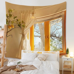 Detail showing Bohemian tapestry with warm lemon tree window scene for bedroom wall decor