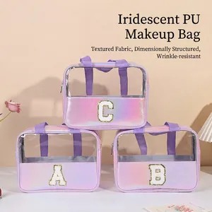 Makeup Tasche Irisierend Transparent PU Leder Wasserdicht Große Kapazität Reise Kulturbeutel Organiser Chenille Buchstaben Damen