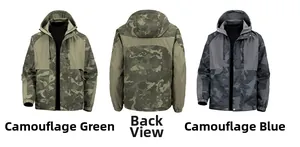 Detail van waterbestendige camouflagejassen in groen en blauw met vaste capuchon
