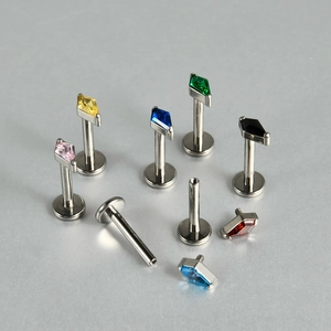G23 titanium labret studs with colorful kite-cut cubic zirconia and flat back