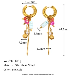 18K gold plated stainless steel hoop earrings with natural stone and tassel pendants