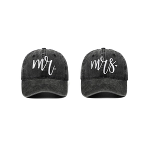 Vintage washed baseball cap set with Mr and Mrs embroidery in distressed grey cotton