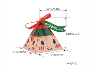 Detailed size chart of pink pyramid Christmas candy box with Santa face and ribbon