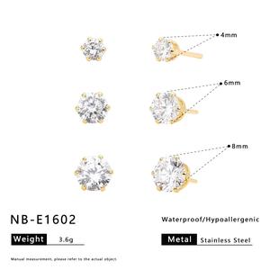 Detailed size chart of gold cubic zirconia stud earrings in 4mm 6mm and 8mm sizes