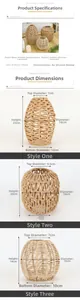 Detailed size chart showing dimensions for three styles of woven rattan pendant light shades