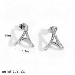 Detail showing letter A earrings with rhinestones measuring 14mm in height and 13.1mm wide