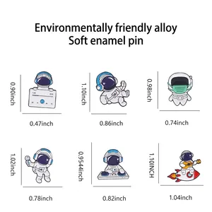 Size chart for 6 astronaut enamel pins made of eco-friendly alloy with dimensions and weight