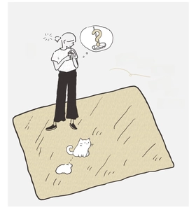 Illustration showing beige chenille carpet maintenance with cat and stain detail