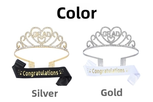 Detail of gold and silver graduation crowns with GRAD lettering and matching sashes