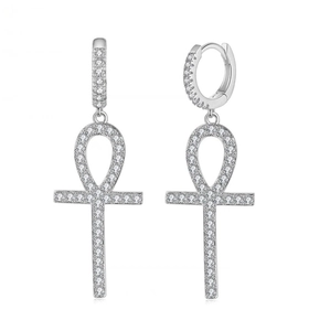 Detailed close-up of silver-tone Ankh cross earrings with micro-paved cubic zirconia