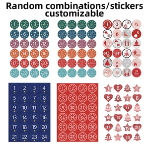 Close-up of 24 Christmas advent calendar stickers with festive numbers and deer patterns