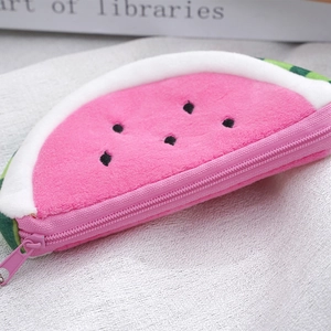 Plush watermelon coin purse with pink pulp and green rind for kids backpack decoration
