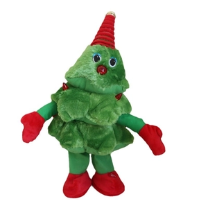 Singing and dancing plush Christmas tree toy with lights and red boots on white background