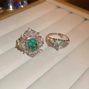Zircon Heart And Emerald Cut Green Gem Open Rings Adjustable Fashion Elegant Jewelry Accessory For Women