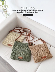 Detail of handmade hollow crochet paper rope crossbody bags in three natural colors