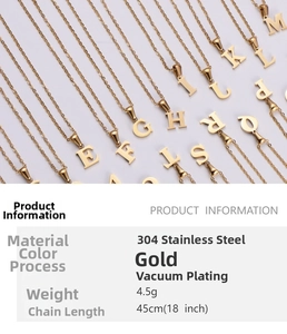 Detail view of 18k gold plated stainless steel letter necklace showing 45cm chain length