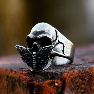 Gothic moth skull ring in vintage stainless steel with oxidized finish for men