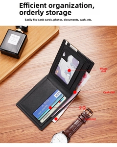 Internal layout of men's slim black leather wallet showing card slots and photo window