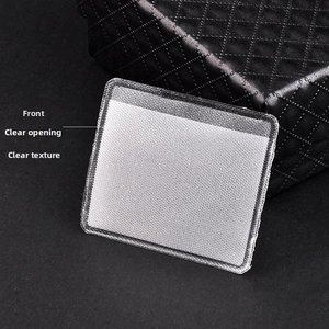 Detail of self-adhesive jewelry pouch with transparent front and mesh texture back