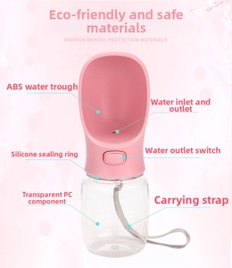 Detail view of pink portable pet water bottle showing ABS trough and silicone sealing ring