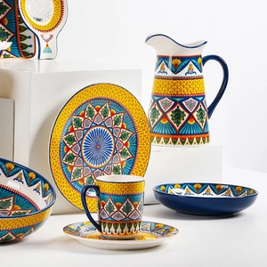 Creative American ceramic dinnerware set with vibrant hand-painted patterns on white background