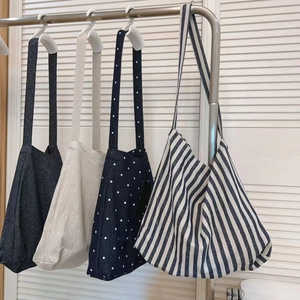 Women Vintage Denim Canvas Crossbody Bag Large Capacity Polka Dot Striped Retro Artistic Tote Shoulder Handbag