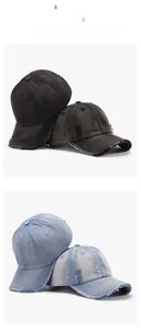 Detail of distressed vintage baseball caps showing washed denim fabric and frayed texture