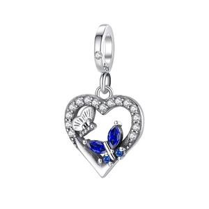 Detail of S925 sterling silver heart charm with blue stone butterfly and hallmark