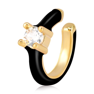 Detail of 18k gold ear cuff with black enamel and brilliant cubic zirconia stone