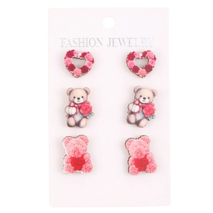 Three-pair set of acrylic Valentine stud earrings featuring roses and cute cartoon bears