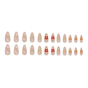 24-piece long almond press-on nails with red flowers and hand-drawn star patterns