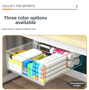 Detail of transparent under-desk drawer storage box for pens and digital gadgets