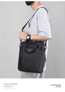 Detail of waterproof nylon business bag with orange WEPOWER logo and adjustable strap