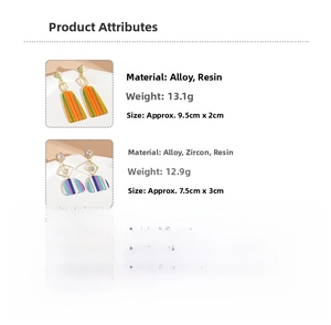 Detail view of resin earrings with size 9.5x2cm and 7.5x3cm dimensions and weight info