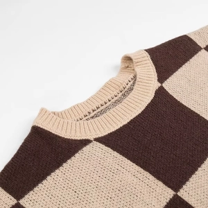 Detail of checkered knit sweater showing beige ribbed crewneck and soft wool texture