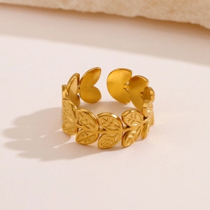 Golden olive leaf open ring in minimalist titanium steel with adjustable vintage band