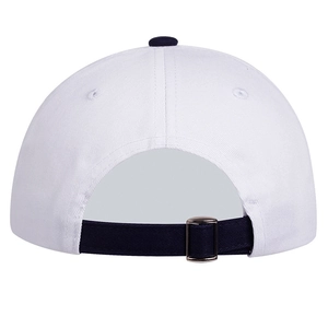 Detailed back view of white cotton navy cap with navy blue adjustable metal buckle strap