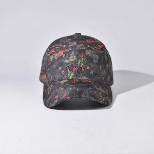 Detailed view of black cotton baseball cap featuring vintage European street art illustration