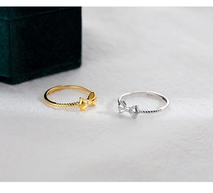 Macro shot of silver and gold bow rings on white fabric with a green velvet box