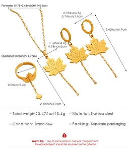 Size guide for stainless steel maple leaf jewelry set showing exact measurements and weight