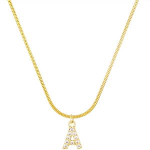 Gold 14k plated snake chain necklace with letter A zircon pendant on white background