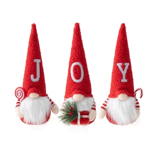 Three Christmas gnomes set with JOY embroidery on hats and festive holiday accessories